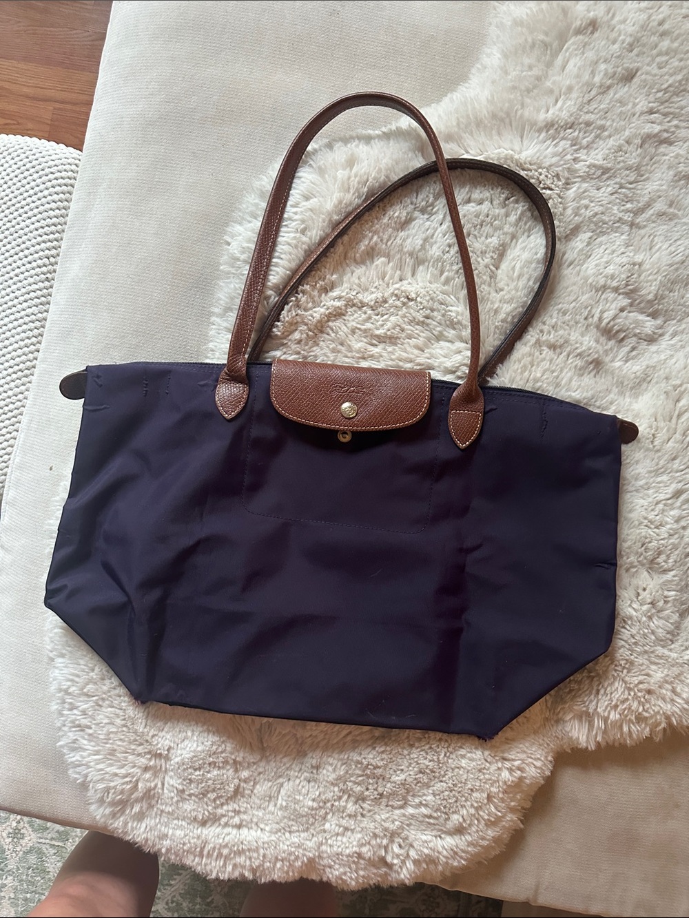 Longchamp Le Pliage Purple Tote with Brown Leather Trim